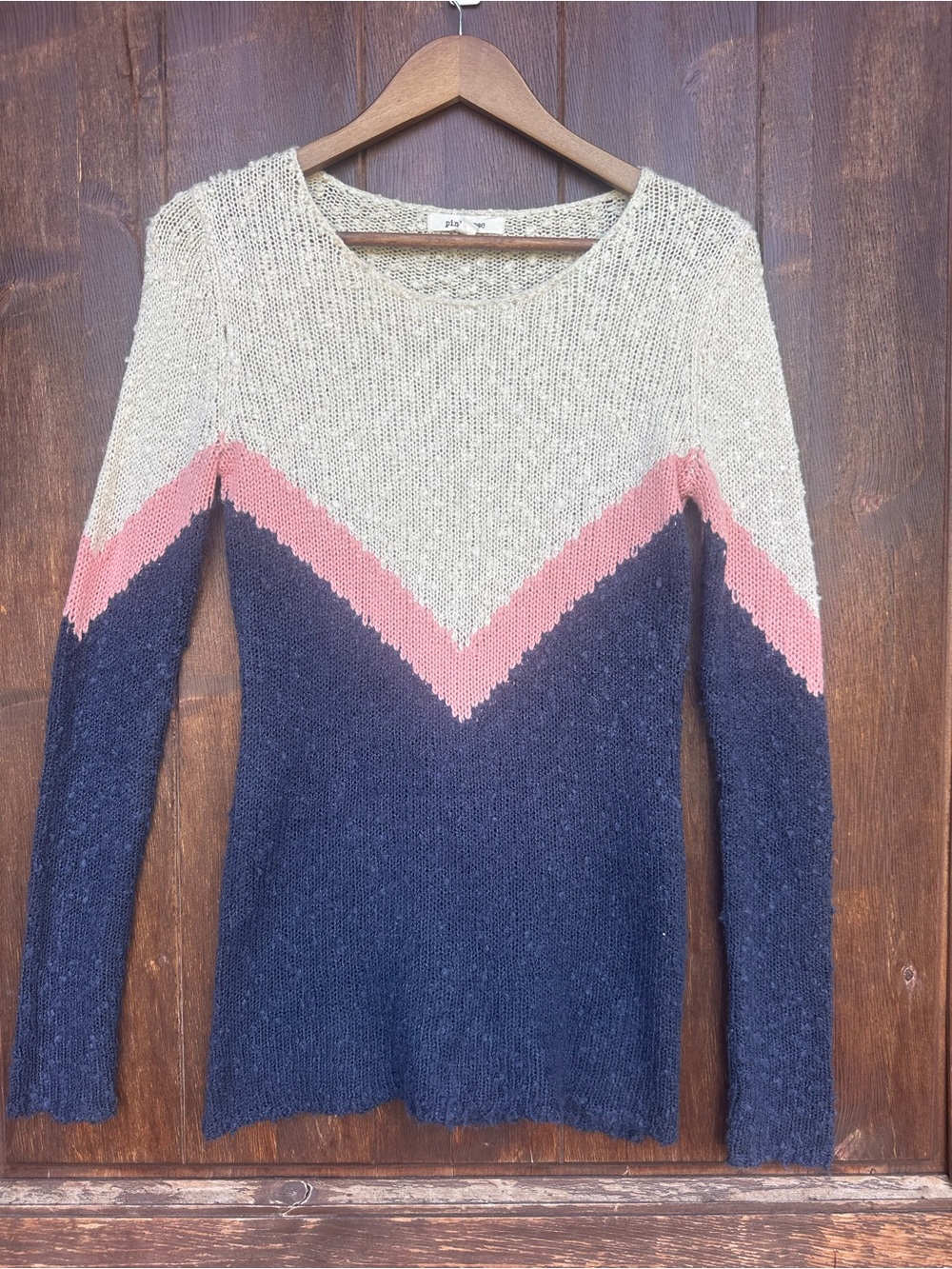 Pink Rose Chevron Colorblock Crewneck Sweater in Beige, Pink & Navy
